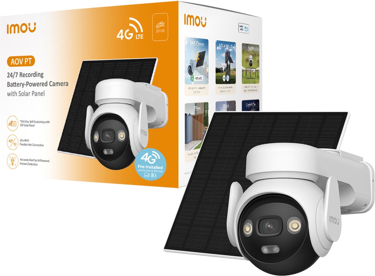 Imou aov pt kit – draadloze beveiligingscamera op batterij met zonnepaneel – 5mp 3k – 4g wifi – 360° ptz – continue opname
