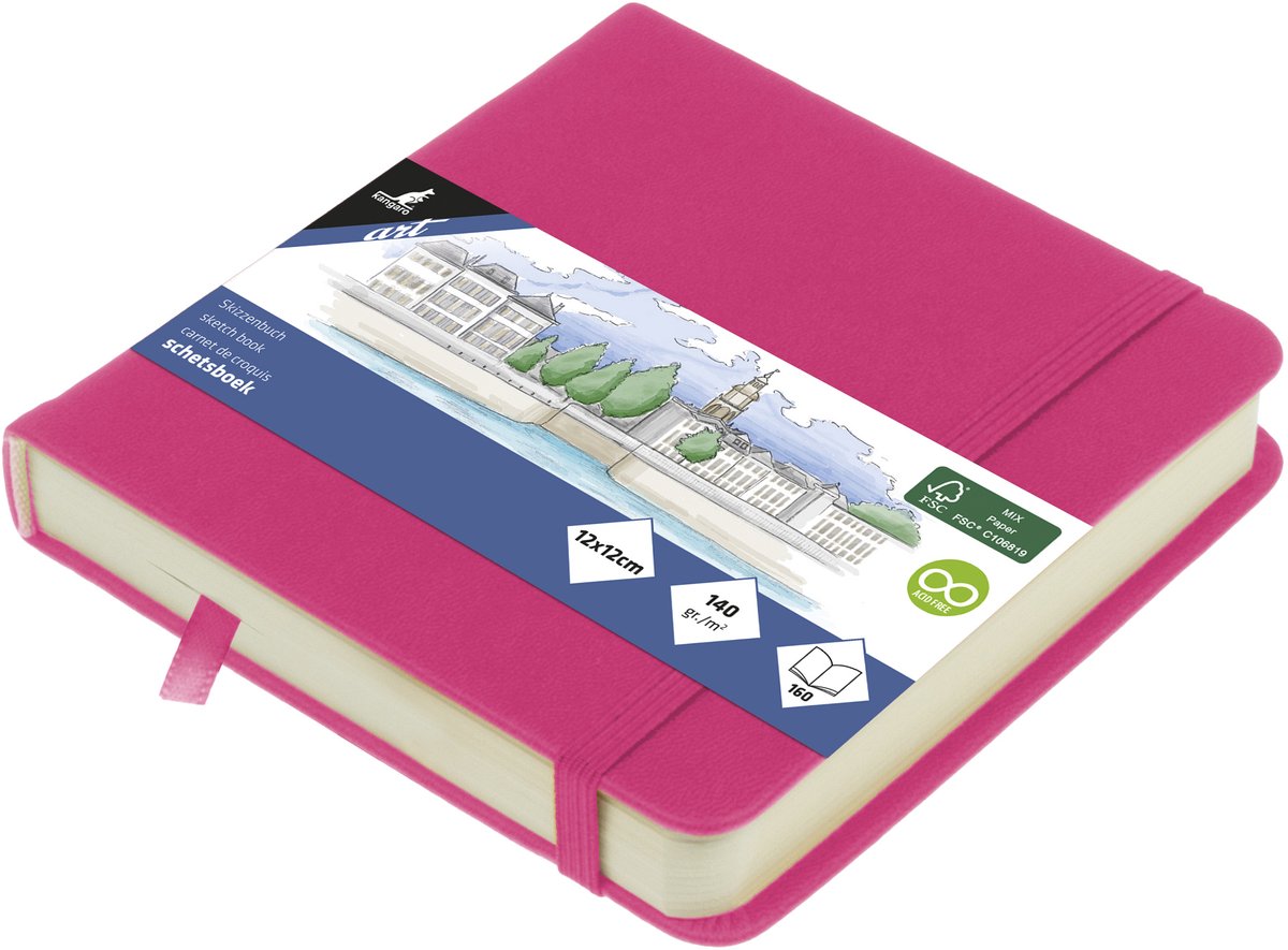 Kangaro schetsboek - 12x12cm - hot pink - met elastiek en lint - k-861250