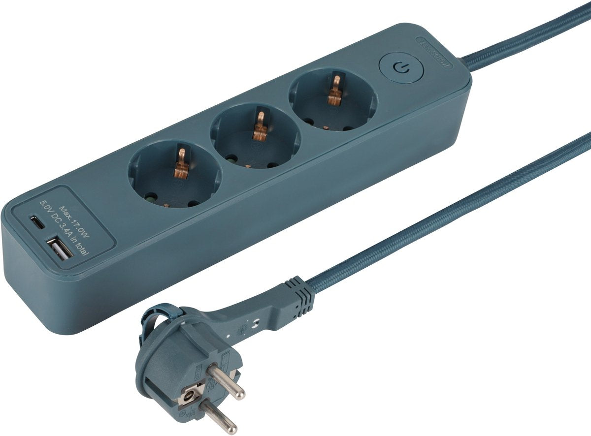 Q-link stekkerdoos - 3-voudig - randaarde - plat - usb a c - 1.5 m - 3 x 1.5 mmâ² - textiel - petrol