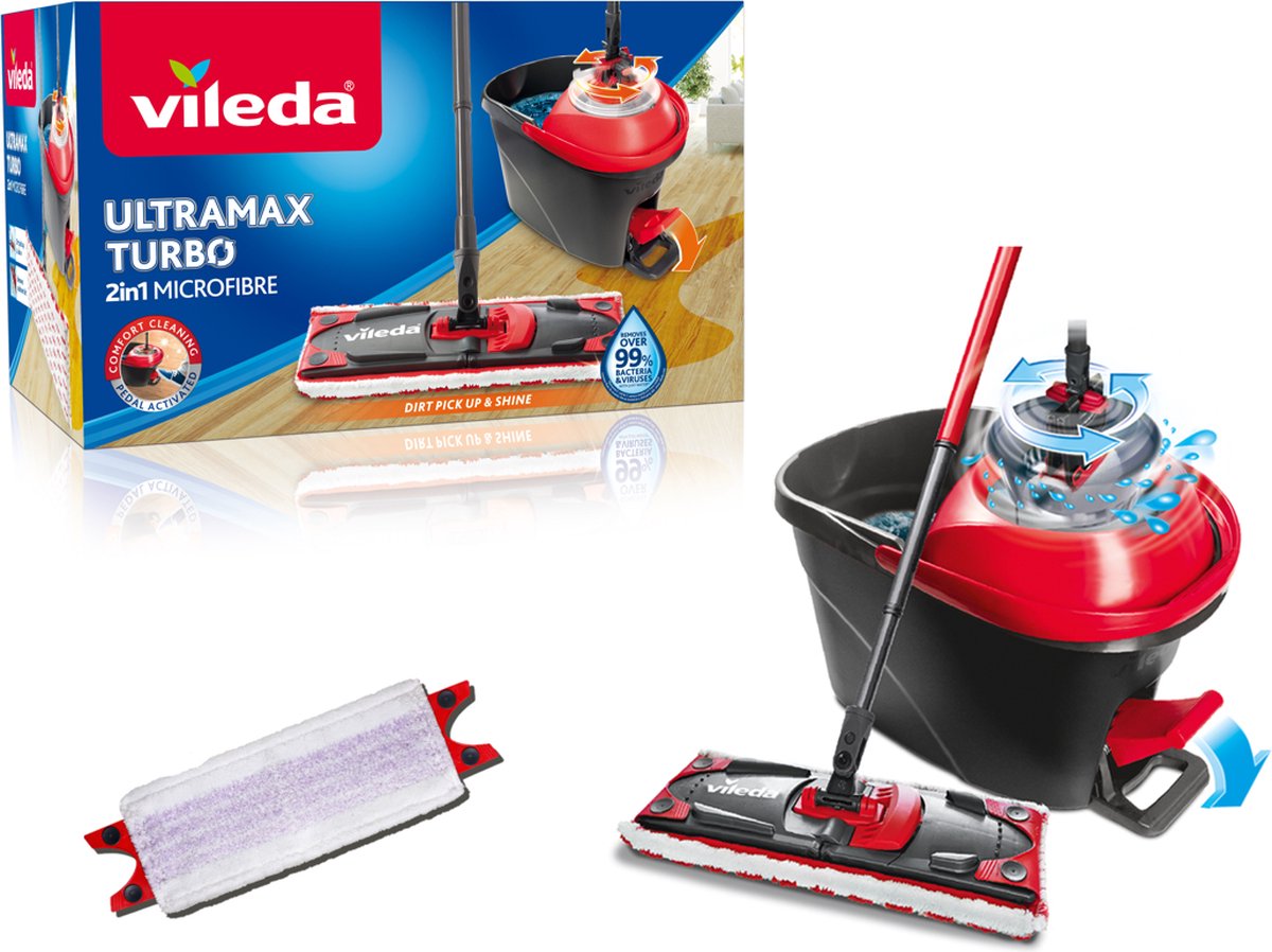 Vileda ultramax turbo vloerwisser met emmer en pedaalwringer + sensitive navulling - voor parket, laminaat en gevoelige vloeren