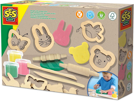 Ses creative - eco klei - eco set met houten tools (3x90g) - vegan en glutenvrij - herbruikbaar - uitwasbaar - vanaf 3 jaar