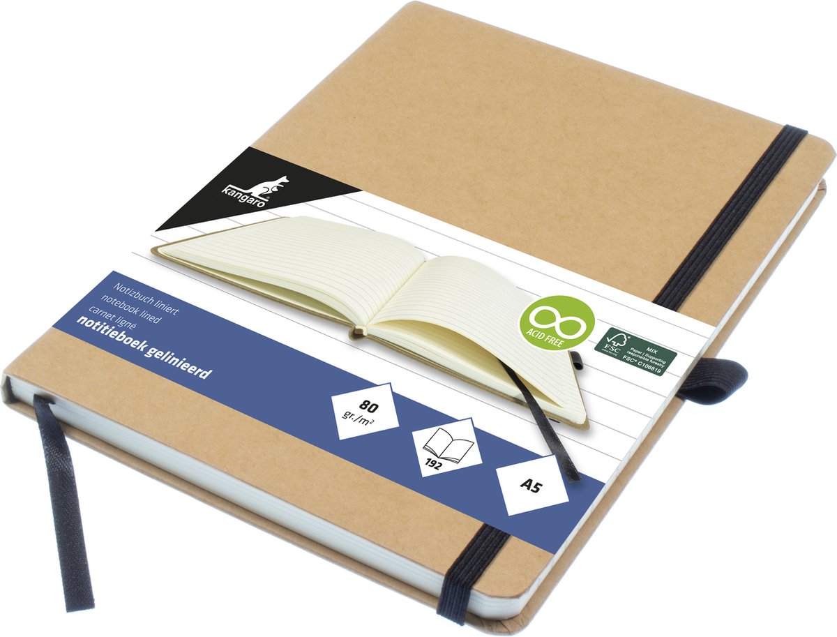 Kangaro notitieboek - a5 - kraft - met lijn - met elastiek, lint en penlus - k-552141