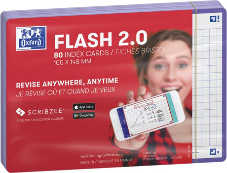 Oxford flash 2.0 - flashcards - geruit 5mm - a6 - paarse rand - 80 stuks