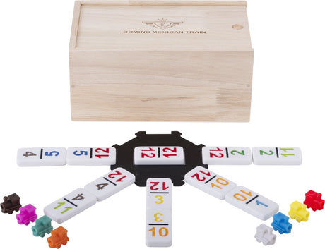 Engelhart domino dubbel 12 nummers mexican train – 91 stenen met gekleurde nummers – houten kist met schuifdeksel – inclusief station treinen – strategisch familiespel –