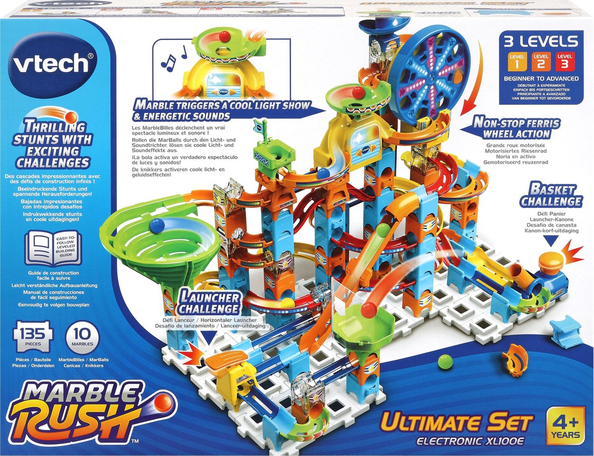 Vtech marble rush ultimate set elektronisch xl100e knikkerbaan - 128 onderdelen - incl. 10 knikkers met licht- en geluidseffecten - speelgoed 3 tot 12 jaar