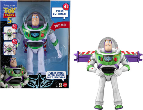 Mattel disney en pixar toy story 5 actiefiguur van 30 cm - vliegstand hi-tech editie buzz lightyear met vleugelactivering en meer dan 35 geluiden - frans editie