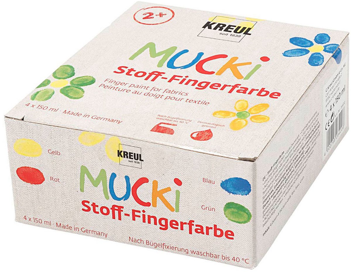 Mucki textiel vingerverf - 4 x 150 ml vingerverf voor textiel - kleuren geel, rood, blauw groen