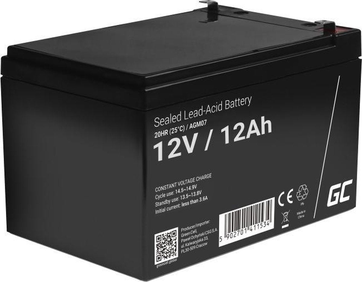 Green cell 12v 12ah (6.3mm) 12000mah vrla agm accu