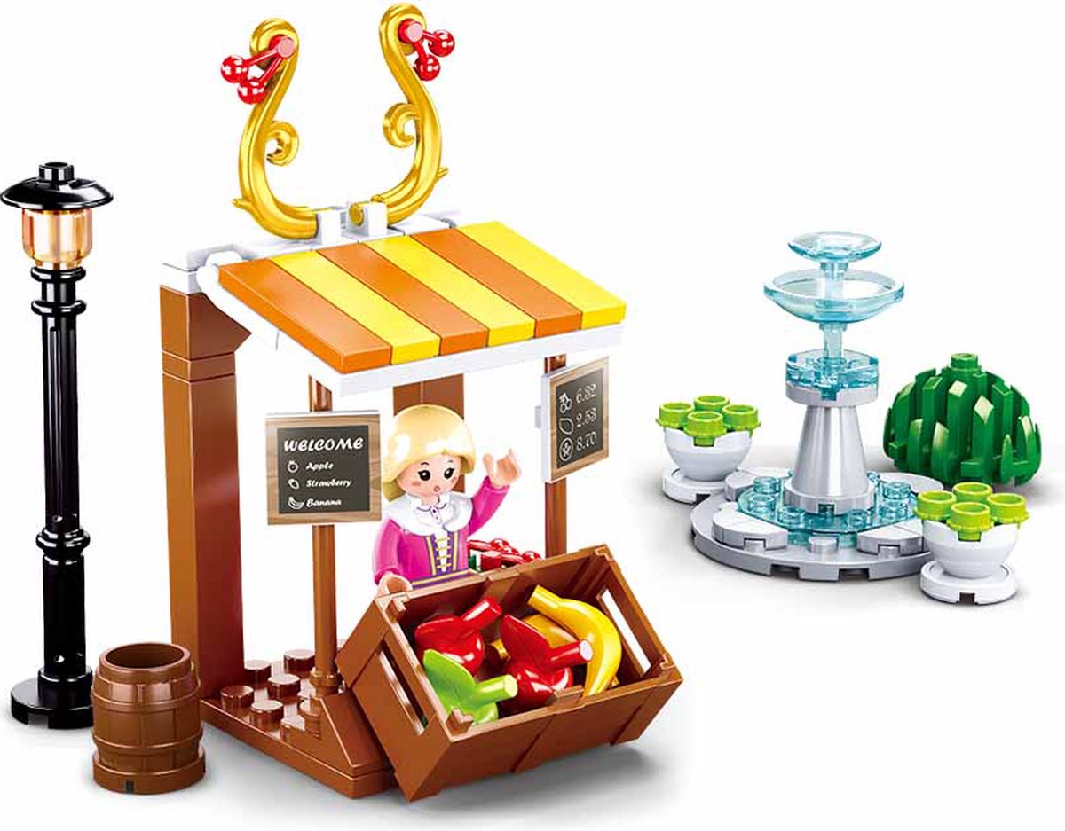 Sluban girls dream village fruitkraam met fontein bouwspeelgoed kinderen vanaf 6 jaar – constructiespeelgoed modelbouw marktkraam – bouwdoos met 99 bouwstenen en 1 minifiguur – m38-b0870