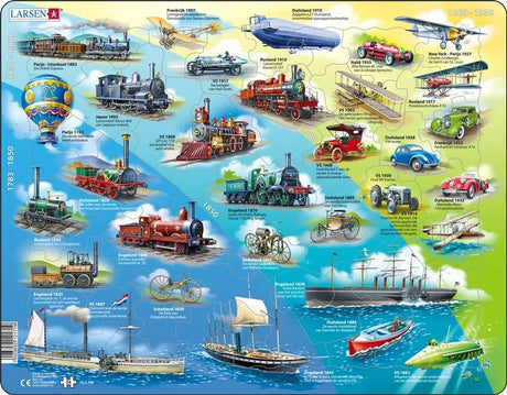 Larsen historische voertuigen – puzzel – voertuigen techniek – voertuigen historisch – educatieve legpuzzel voor kinderen – 54 stukjes – gemaakt in noorwegen – extra dikke 2,5 mm stukjes – tray met vaste rand