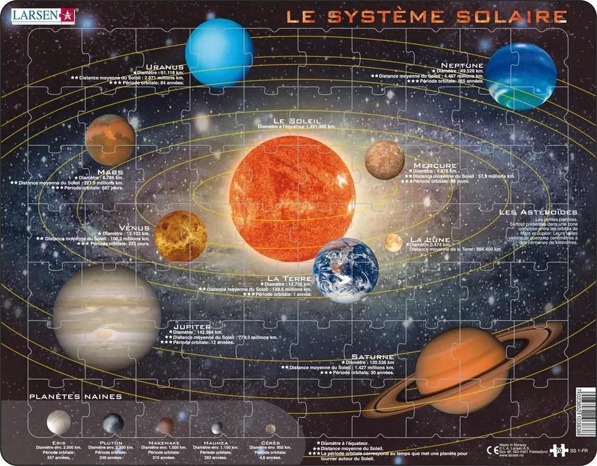 Larsen système solaire – puzzle – espace – planètes et astronomie – puzzle éducatif pour enfants – 70 pièces – fabriqué en norvège – pièces extra épaisses de 2,5 mm – plateau avec bord fixe