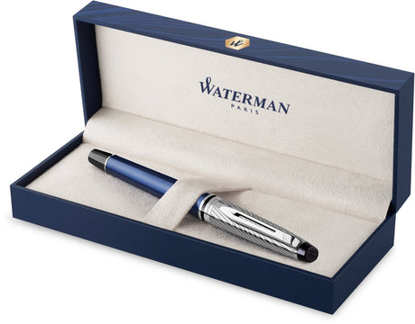 Waterman expert deluxe, vulpen, metaalkleurige en blauwe lak met palladium-gecoat detail, fijne penpunt met palladium