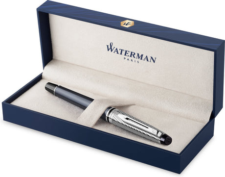 Waterman expert deluxe vulpen | metaal-steengrijze lak met palladium-gecoat detail | medium palladium penpunt met blauwe inkt | geschenkverpakking