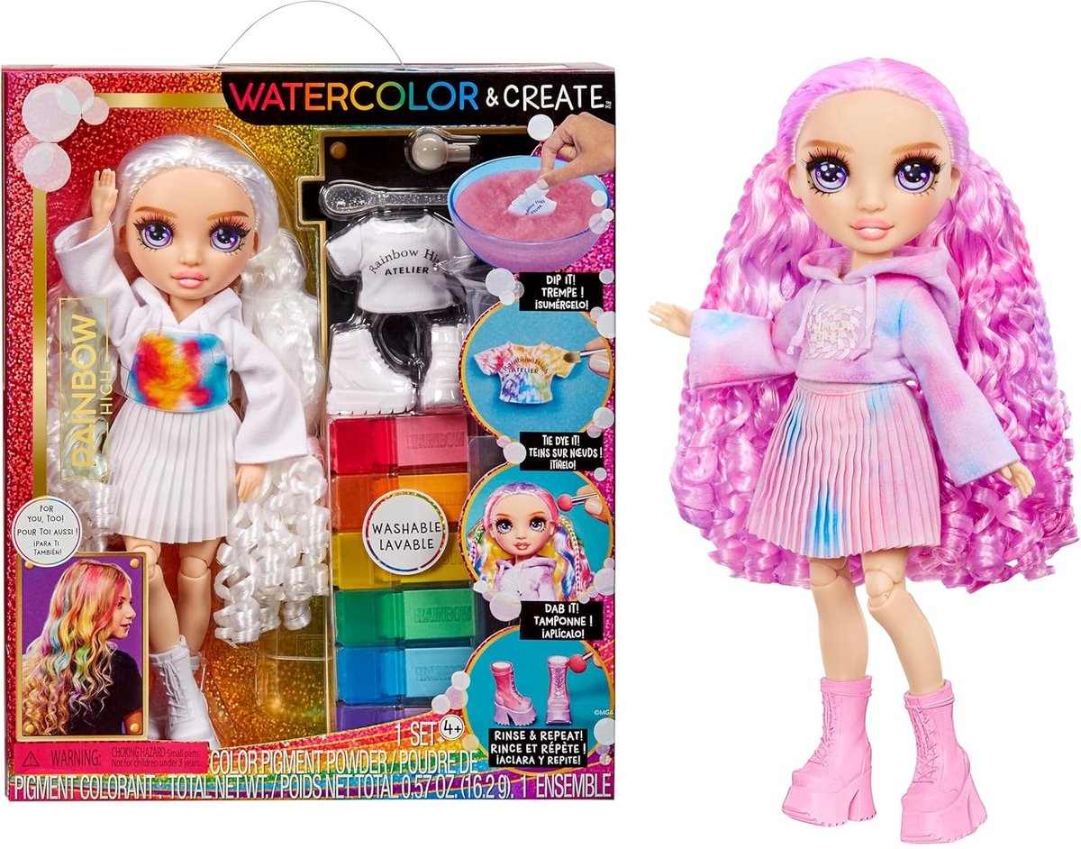 Rainbow high watercolor create modepop - paarse ogen