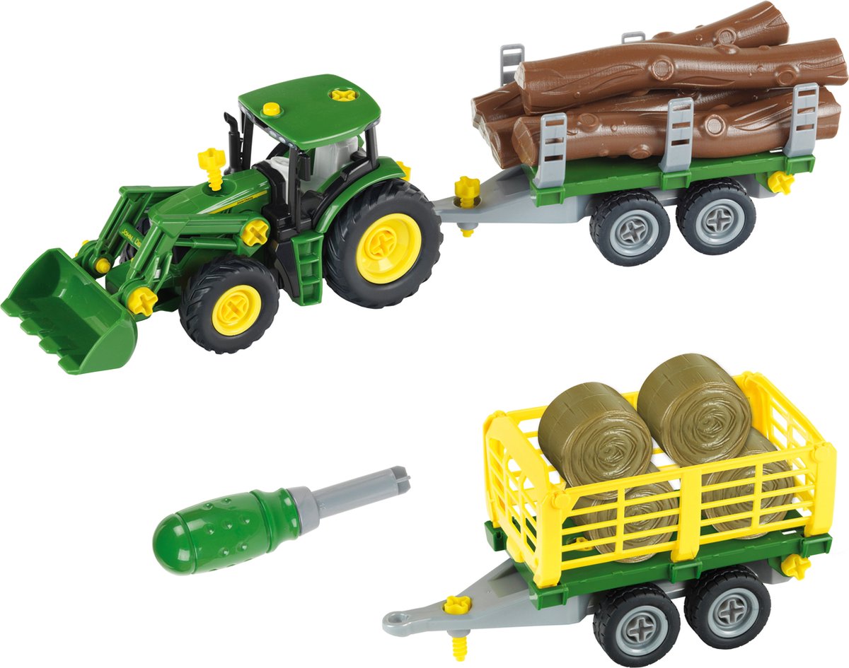 Klein toys john deere trekker - 1:24 - om te bouwen naar hout- of hooiwagen - groen geel