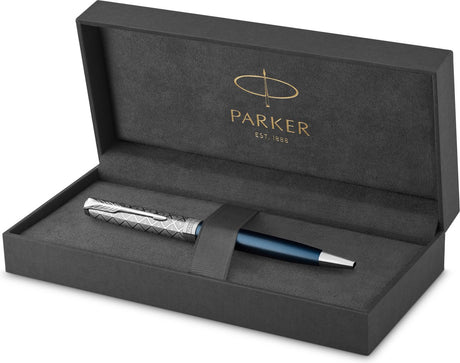 Parker sonnet vulpen | | roestvrij staal en blauwe lak| fijne penpunt met zwarte inkt navulling | geschenkdoos