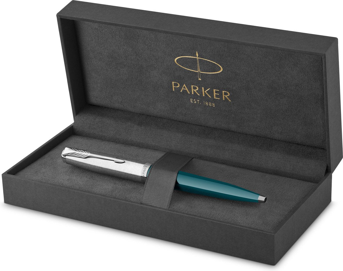 Parker 51-balpen | groenblauwe behuizing met chromen afwerking | medium punt met zwarte inktnavulling | geschenkverpakking