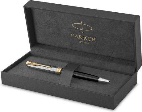 Parker sonnet balpen | messing + opake zwarte lak | medium punt met zwarte inkt | geschenkdoos