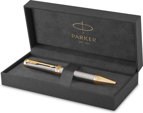 Parker ingenuity-balpen | grijze lak met gouden details | medium punt | blauwe inkt | geschenkverpakking