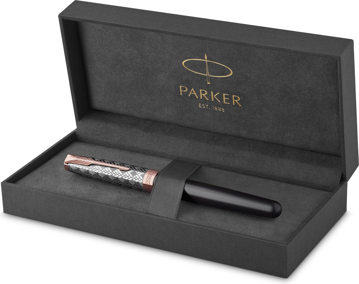 Parker sonnet vulpen | roestvrij staal en grijze lak | fijne penpunt met zwarte inkt navulling | geschenkdoos