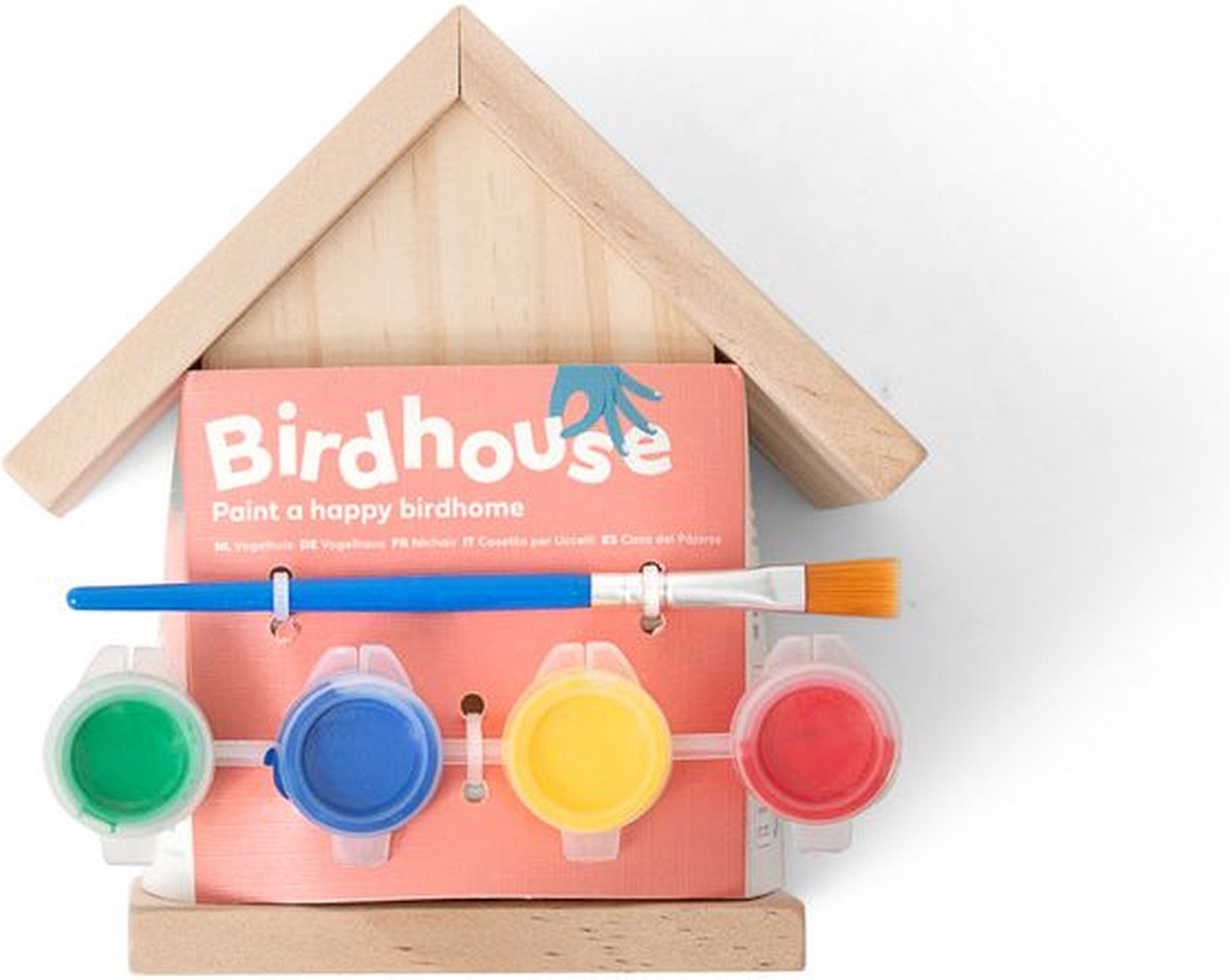 Bs toys schilderbaar vogelhuisje - inclusief verf en kwastje - hout - 13 cm hoog