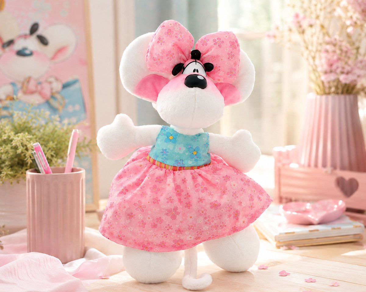 Diddl - zachte pluchen knuffel - 20cm - geborduurde accenten - ina in roze