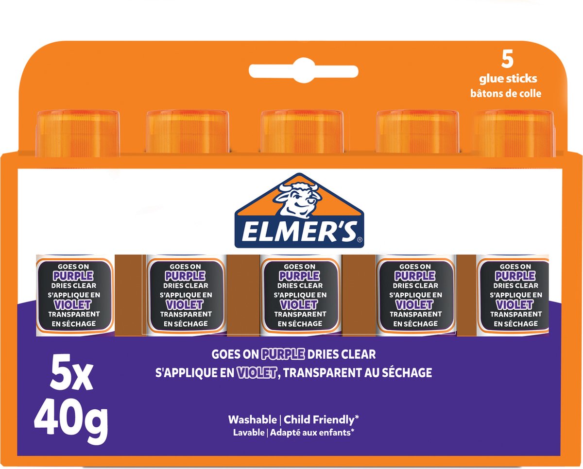 Elmer's -lijmstiften met verdwijnende paarse lijm | droogt kleurloos op | geweldig voor knutselen en op school | uitwasbaar en kindvriendelijk | 40 g | 5 stuks