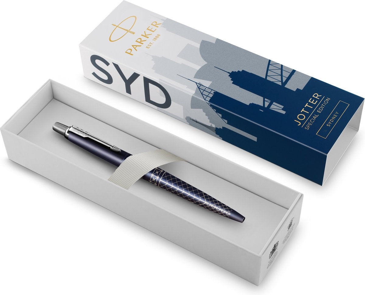 Parker jotter balpen | speciale editie | sydney blauw met chroomafwerking | blauwe inkt | geschenkverpakking