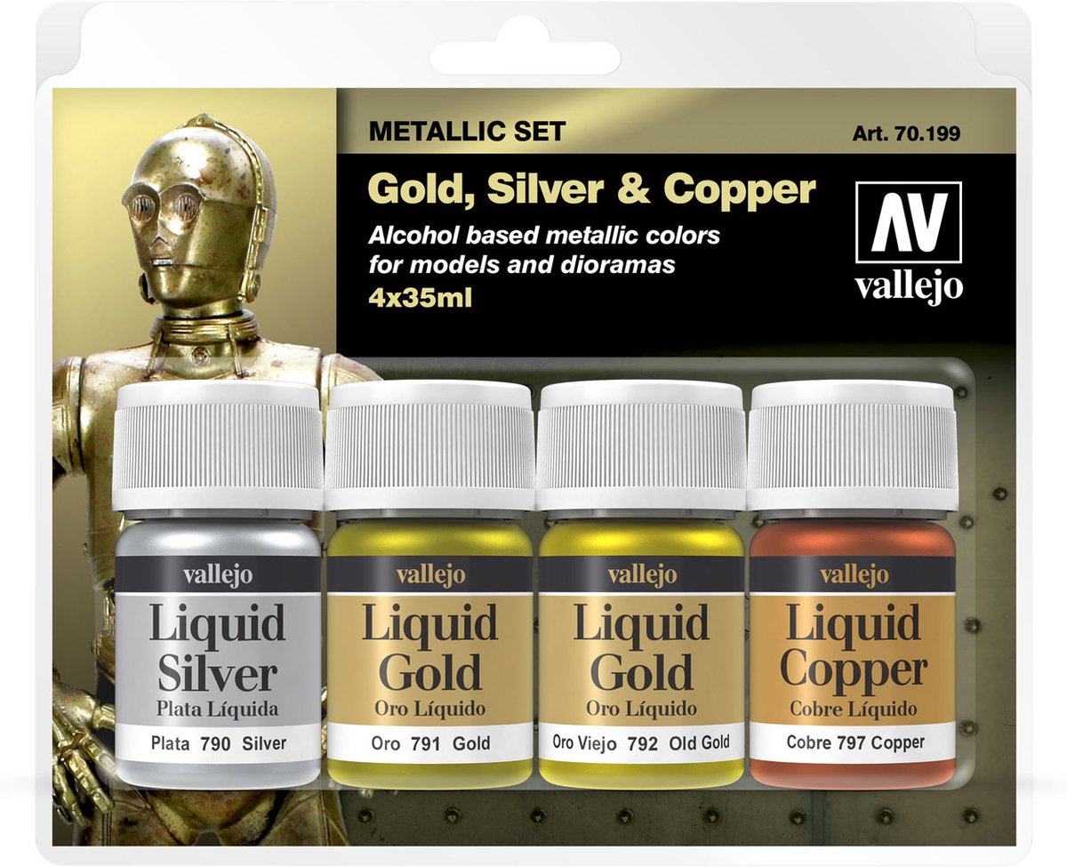 Vallejo hobbyverf - 70199 liquid color set - silver - (old) gold - copper - 4x 35ml verf set - 4 x 35 ml