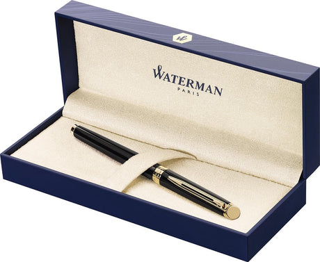Waterman hémisphère-vulpen | glimmend zwart met 23k gouden rand | medium penpunt | blauwe inkt | cadeauverpakking