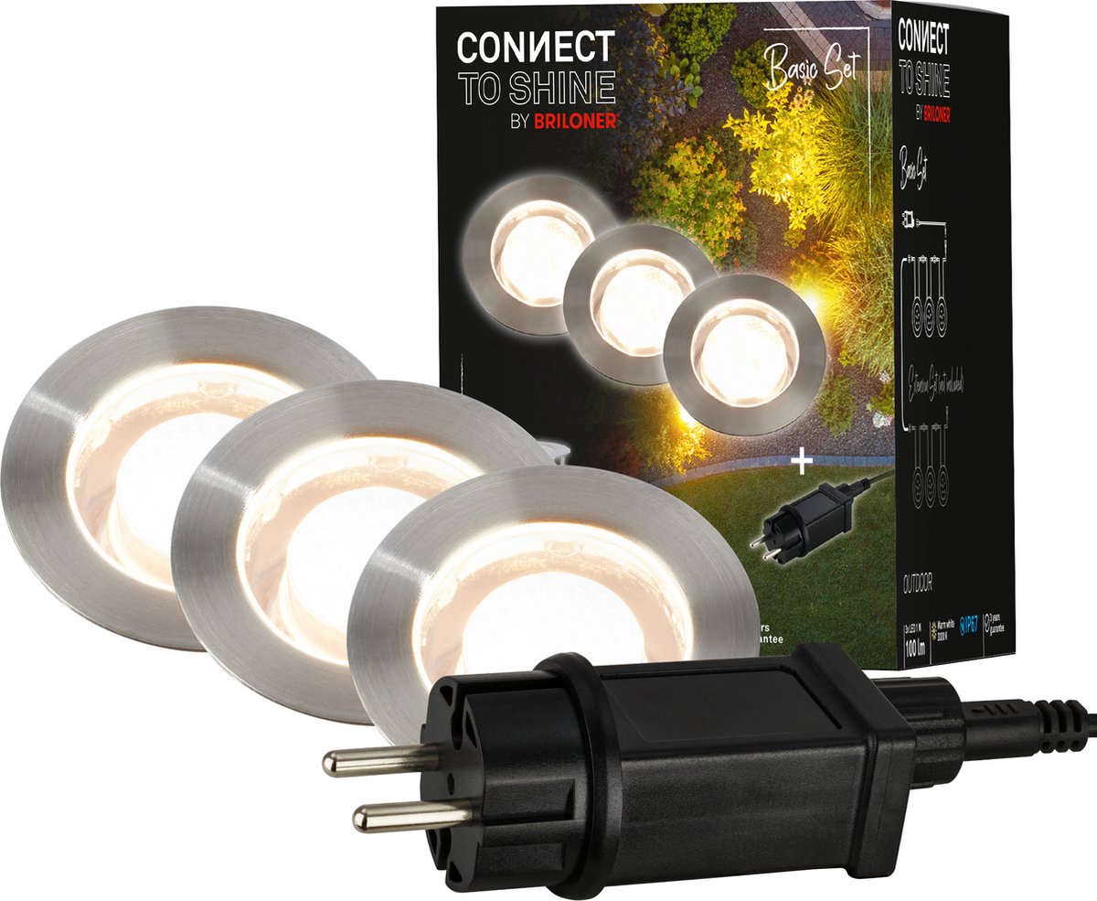 Briloner connect to shine - led grondspot voor buiten - set van 3 - tuinverlichting uitbreidingsset - warm wit licht - ip67 - ø4.5x2.5 cm - 1.5m kabel