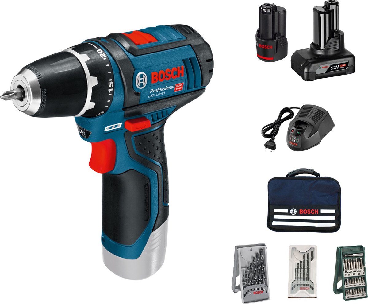 Bosch blauw gsr 12v-15 accuboorschroevendraaier | 12v 2.0ah + 4.0ah accu | + 39 accessoires - 0615990g6l