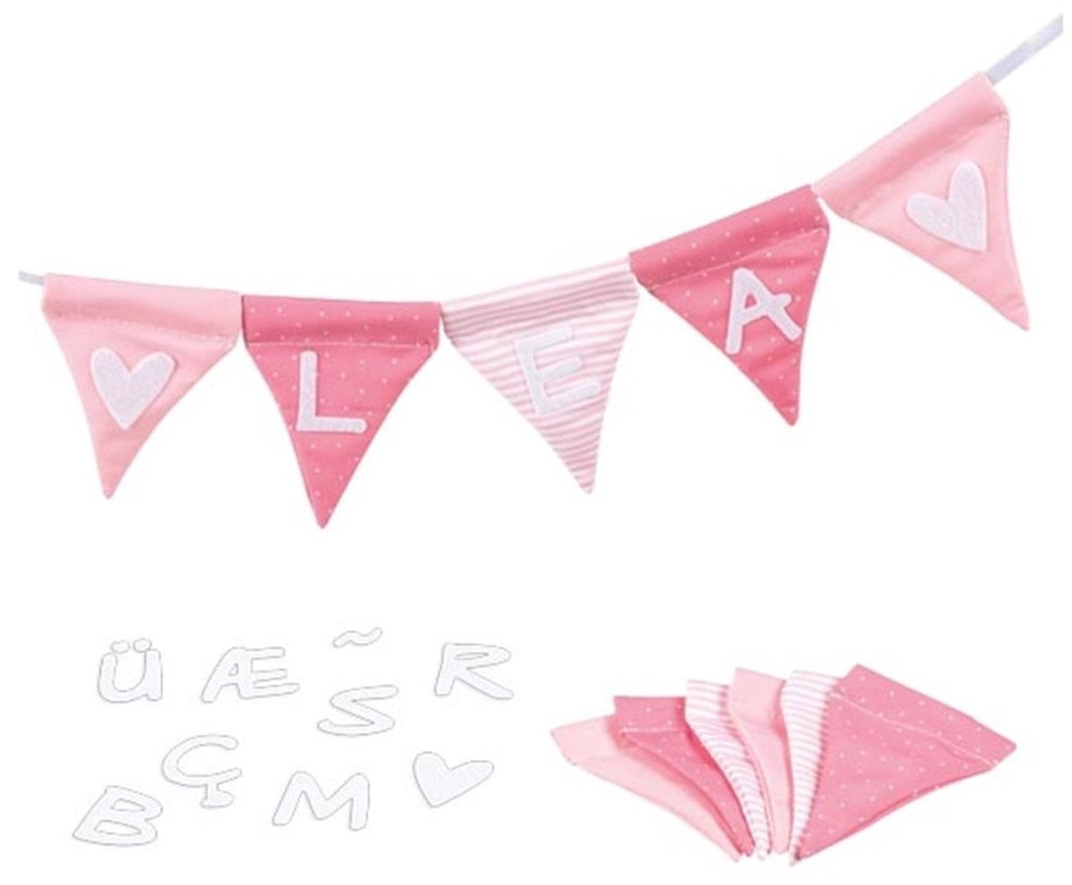 Goki stoffen vlaggenlijn maken roze met 10 vlaggen en alfabet tekens