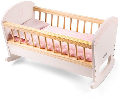 Woet ® houten poppenbedje - inclusief dekbed en kussen - roze wiegje voor pop - poppenmeubel speelgoed - rollenspel poppenaccessoire - vanaf 3 jaar