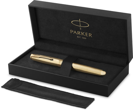 Parker sonnet ciselé special edition vulpen, dop, huls en detail met gouden afwerking, fijne, 18k massief gouden penpunt, zwarte inkt en converter