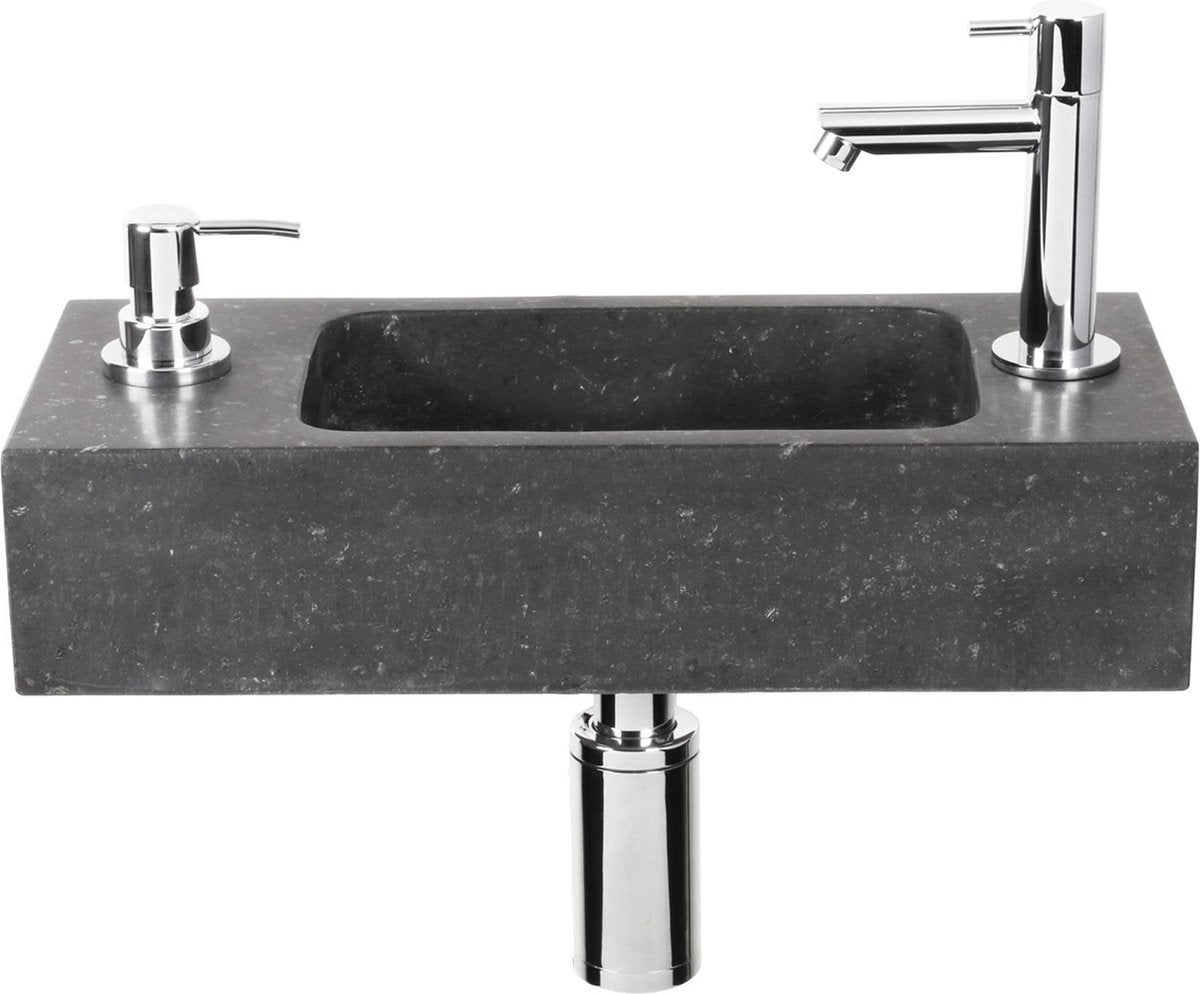 Differnz sapon fonteinset - 42x18.5x9cm - rechthoek - 1 kraangat - met sifon fontein en afvoerplug - natuursteen zwart