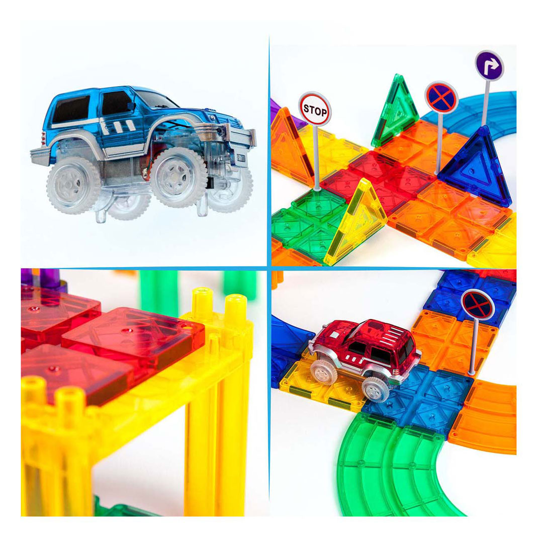 Picasso tiles tactic - constructiespeelgoed - magnetic tiles - magnetische tegels - race track - stem speelgoed - magnetische racebaan met 2 led auto's - 50-delig - vanaf 3 jaar