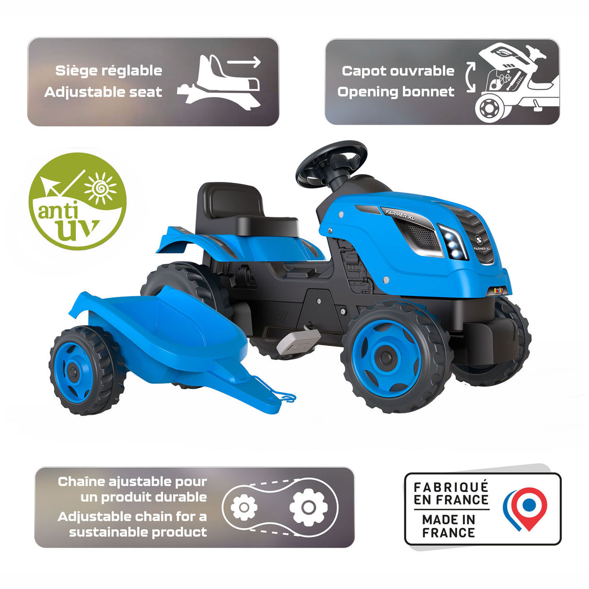 Smoby farmer xl traptractor met trailer blauw