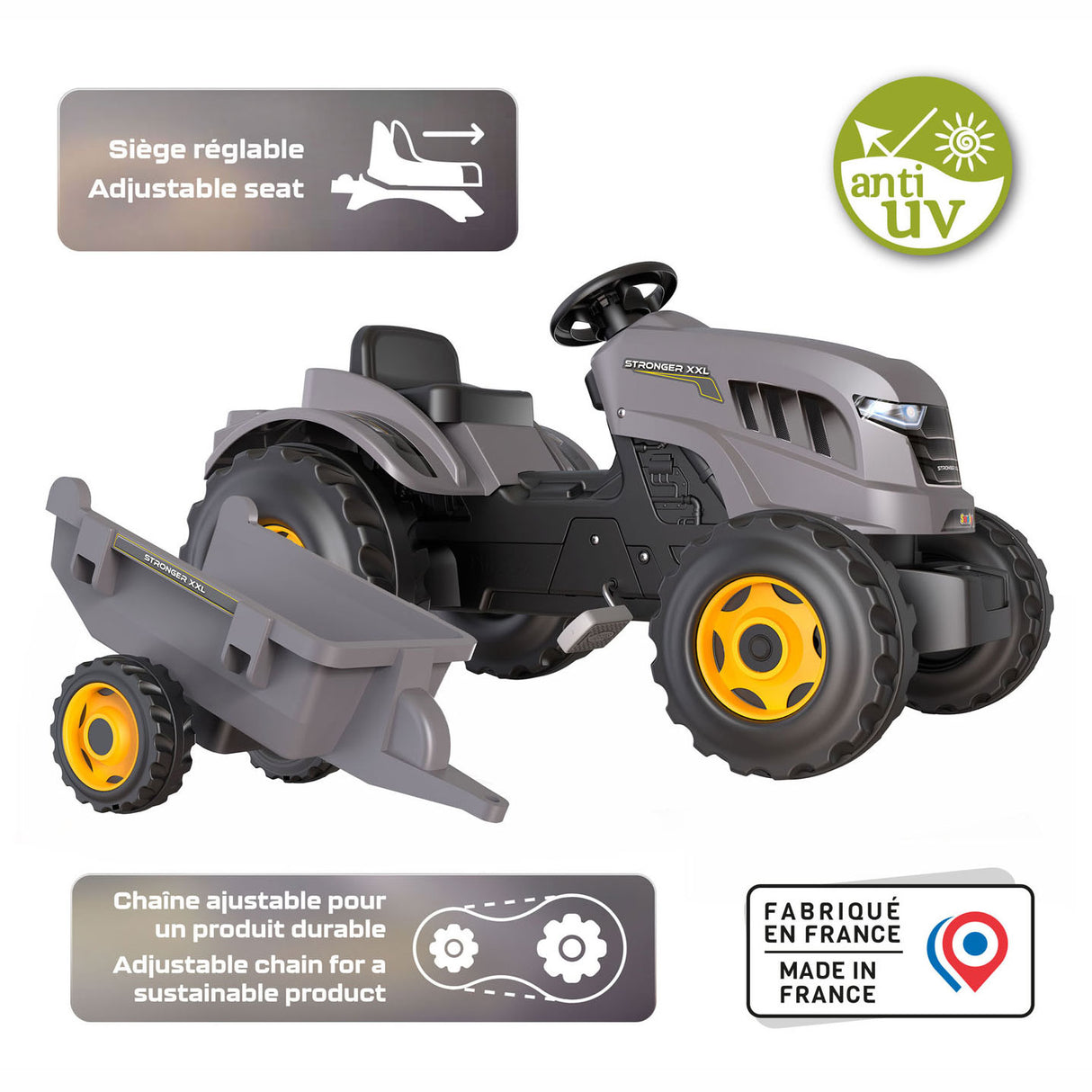 Smoby stronger xxl traptractor met trailer grijs