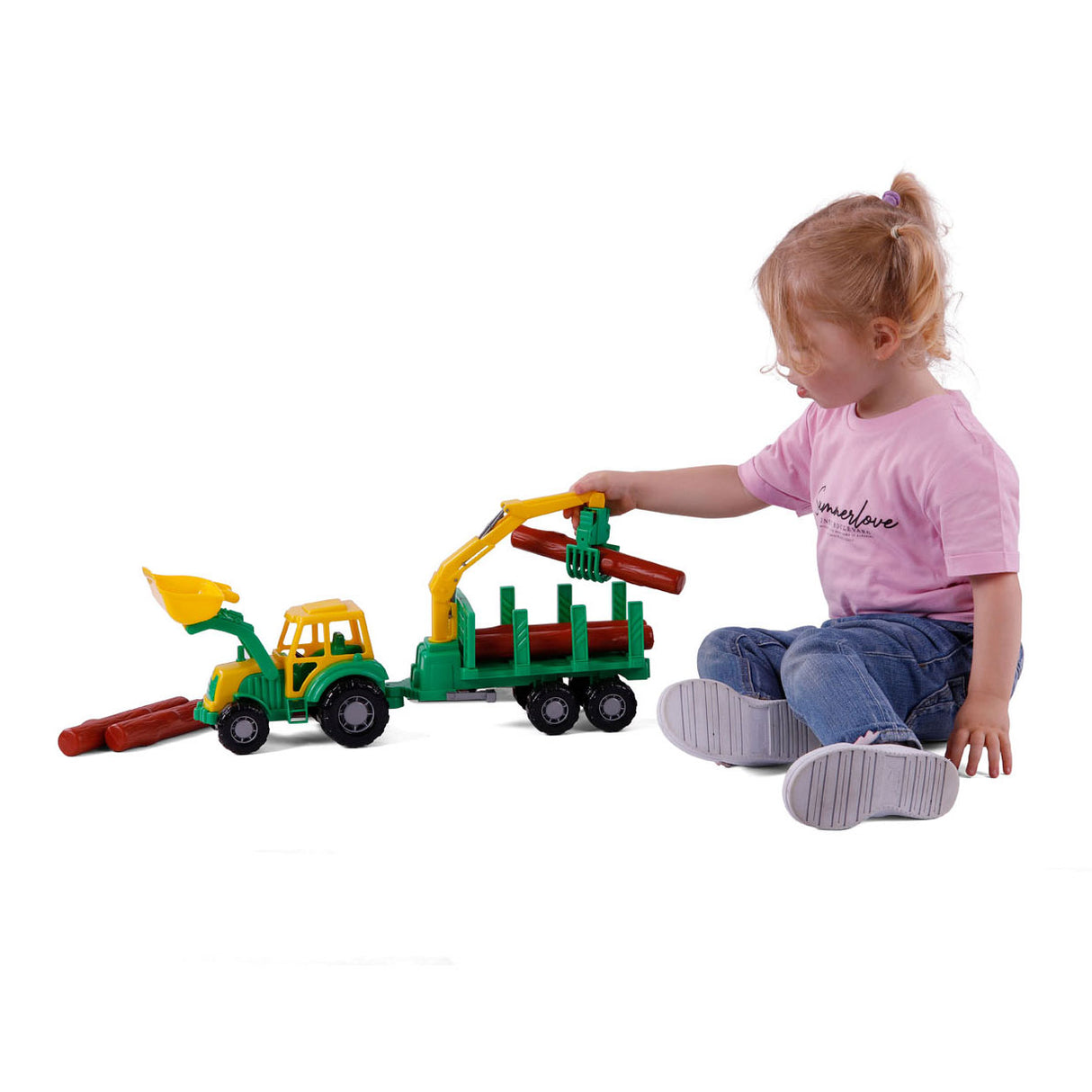 Cavallino toys cavallino junior tractor met kraan aanhangwagen en hout, 46cm