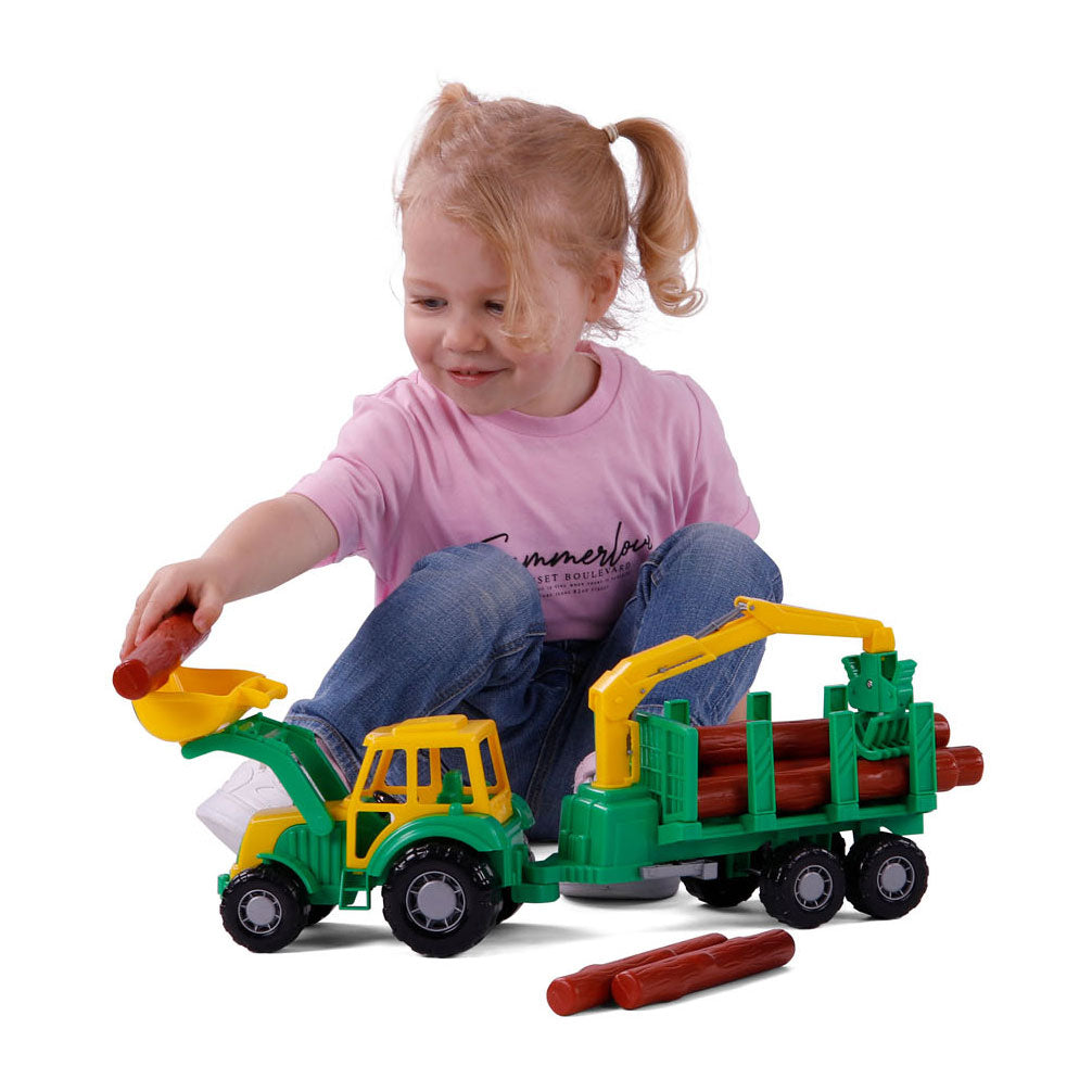 Cavallino Toys Cavallino Junior Tractor met Kraan Aanhangwagen en Hout, 46cm