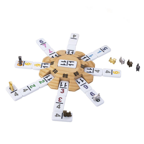 Engelhart domino mexican train accessoires set - 8 metalen treintjes - houten station - scoreblok -