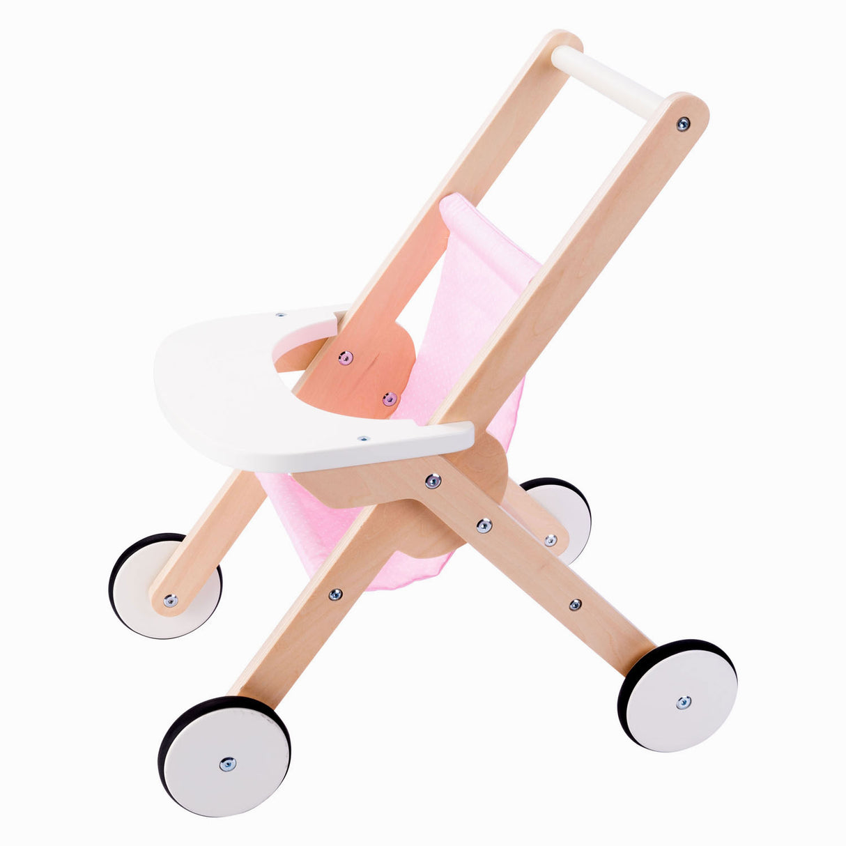 Houten poppenwandelwagen roze