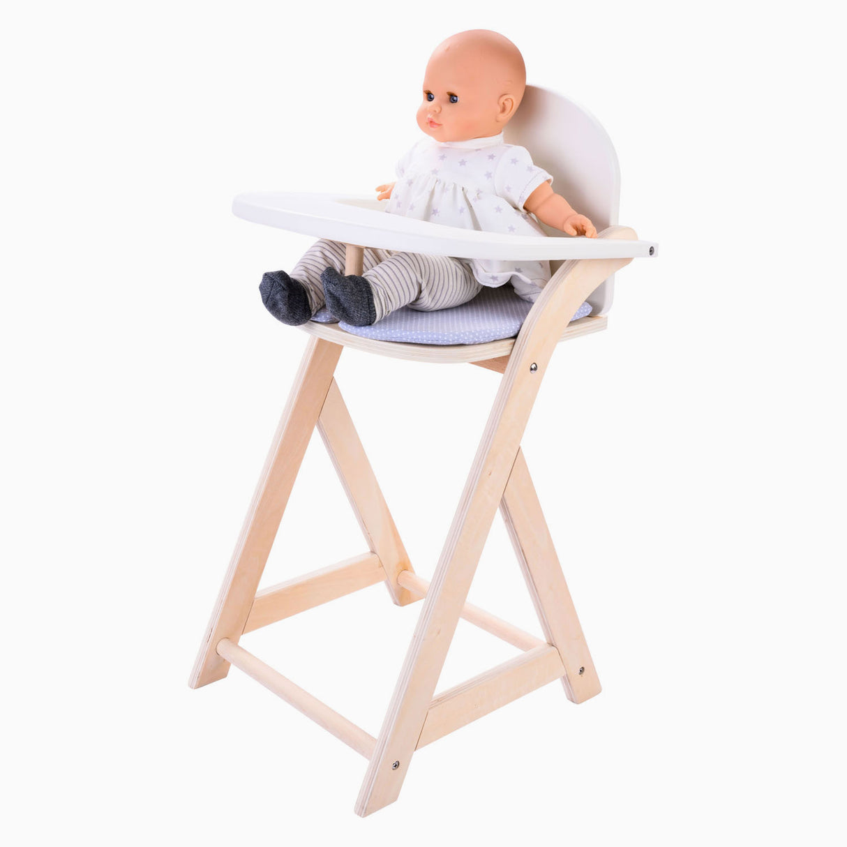 Longfield poppenstoel grijs wit – houten poppenkinderstoel met kussentje – poppenstoel voor rollenspel – geschikt voor alle poppen – engelhart