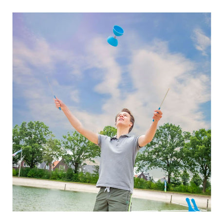 Diabolo van rubber met metalen stokjes - blauw
