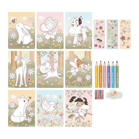 Little dutch rosa friends fairy garden kleurset met 8 potloden, kleurplaatjes en gum
