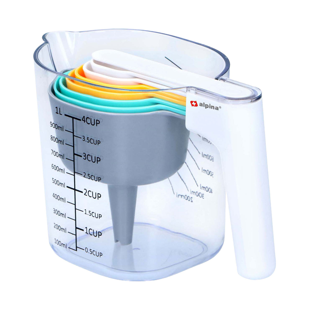 Alpina maatbeker set 9 stuks - meetset met maatbeker 1 liter - stapelbare maatbekers - inclusief trechter en schraper en maatlepels