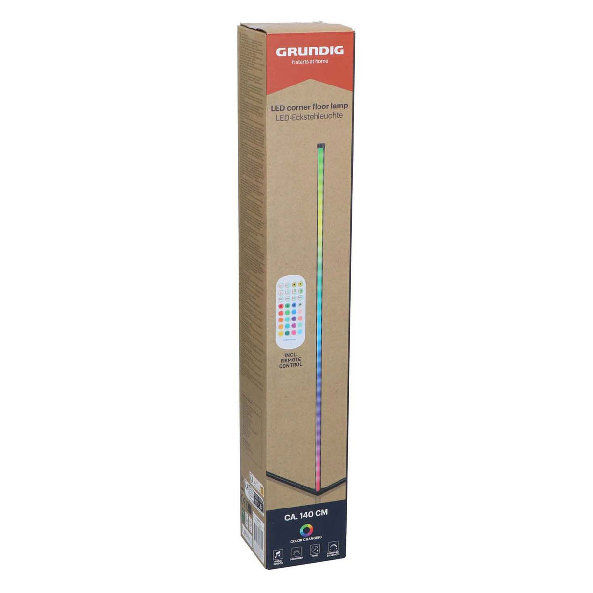 Grundig rgb led hoeklamp - hoeklamp led staand - rgb vloerlamp met muzieksensor en afstandsbediening - 140 cm - meerkleurig