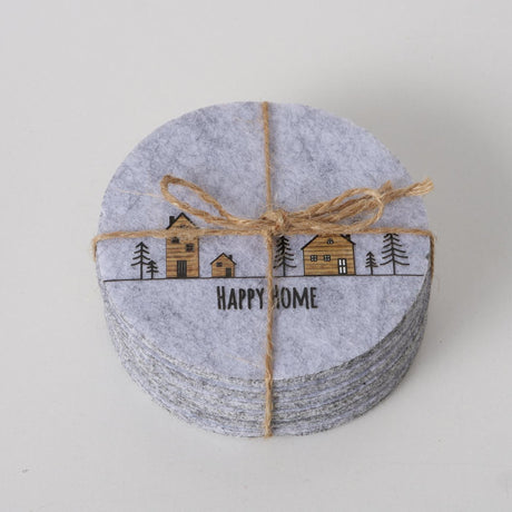 Boltze home onderzetterset homewood met dessin van huisjes en kerstbomen vilt dia 10cm 6 stuks