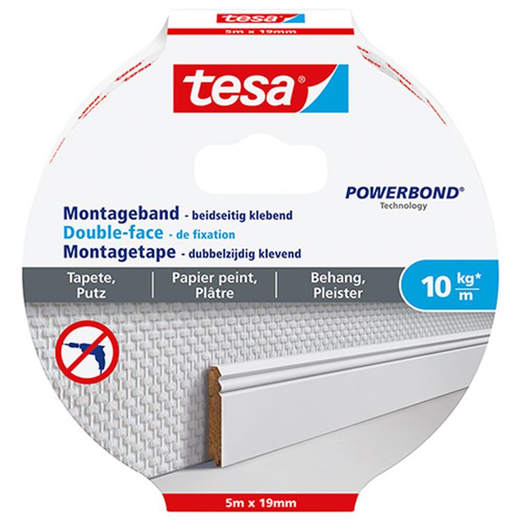 Tesa montagetape behang en pleisterwerk 10 kg per meter dubbelzijdig – 5mx19 mm